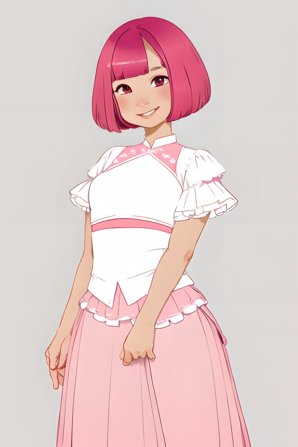 1girl, brown \(eyes\), (flat color:1.7), bobcut, smile, (adult:1.1), jewelry, pink skirt, pale pink skirt, tan skin, (magenta \(hair\):1.2), long skirt, round lips, (white \(background\):1.4), <lora:MxPastel_Artist_Style:1>