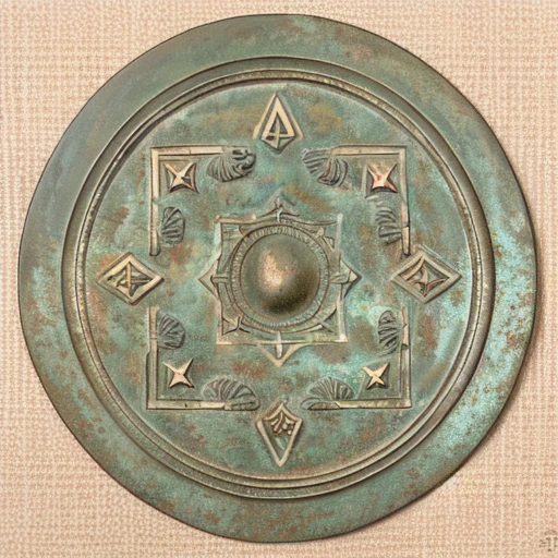 <lora:Bronze mirror_v1:0.7>, relief, star (symbol), no humans, circle, abstract, still life, round image, reflection, patterned background, Bronze mirror