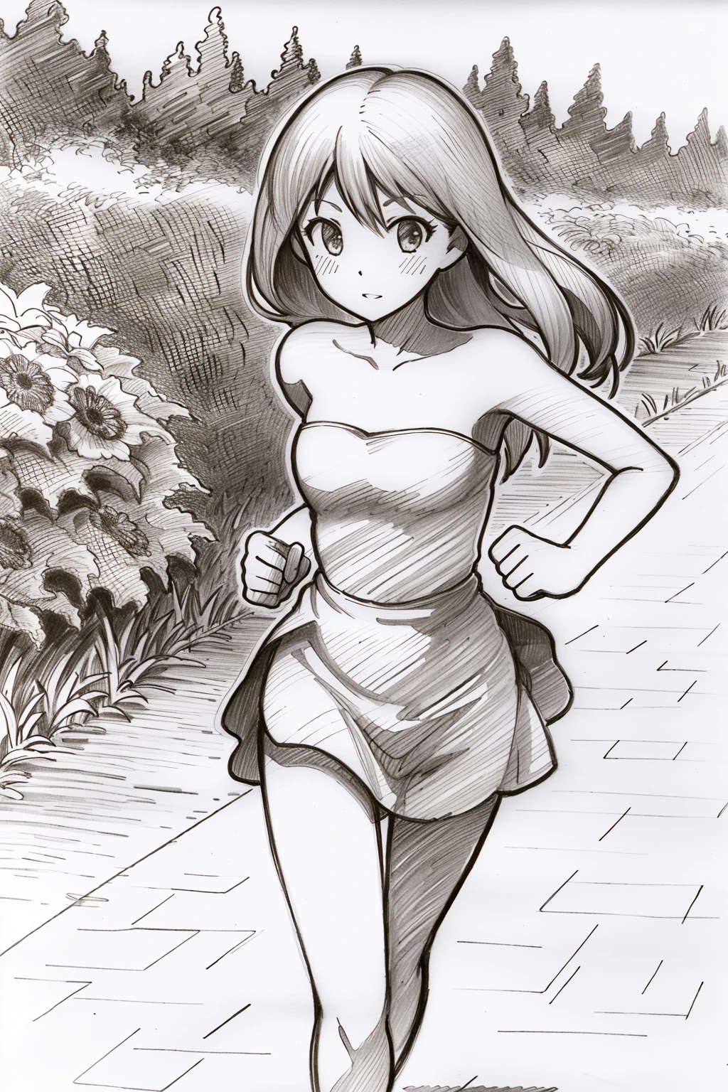 sketch, monochrome, traditional media, pencil drawing, 1girl, strapless dress, running in the garden, floral background
