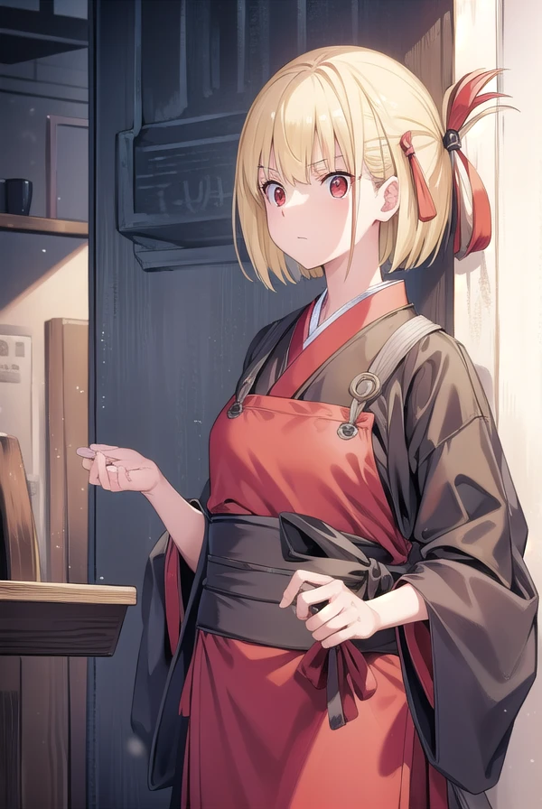 chisatonishikigi, <lora:chisatonishikigichickeiii-lora-nochekaiser:1>,
nishikigi chisato, short hair, bangs, blonde hair, (red eyes:1.5), hair ribbon, one side up, bob cut,
BREAK japanese clothes, kimono, apron, red ribbon, waitress, red kimono,
BREAK indoors, cafe,
BREAK looking at viewer, (cowboy shot:1.5),
BREAK <lyco:GoodHands-beta2:1>, (masterpiece:1.2), best quality, high resolution, unity 8k wallpaper, (illustration:0.8), (beautiful detailed eyes:1.6), extremely detailed face, perfect lighting, extremely detailed CG, (perfect hands, perfect anatomy),