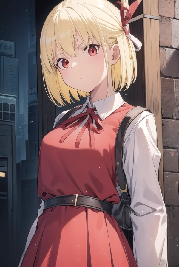 chisatonishikigi, <lora:chisatonishikigichickeiii-lora-nochekaiser:1>,
nishikigi chisato, short hair, bangs, blonde hair, (red eyes:1.5), hair ribbon, one side up, bob cut,
BREAK shirt, long sleeves, dress, ribbon, white shirt, collared shirt, belt, neck ribbon, red dress, blue ribbon, pleated dress, red belt, lycoris uniform,
BREAK outdoors, city,
BREAK looking at viewer, (cowboy shot:1.5),
BREAK <lyco:GoodHands-beta2:1>, (masterpiece:1.2), best quality, high resolution, unity 8k wallpaper, (illustration:0.8), (beautiful detailed eyes:1.6), extremely detailed face, perfect lighting, extremely detailed CG, (perfect hands, perfect anatomy),