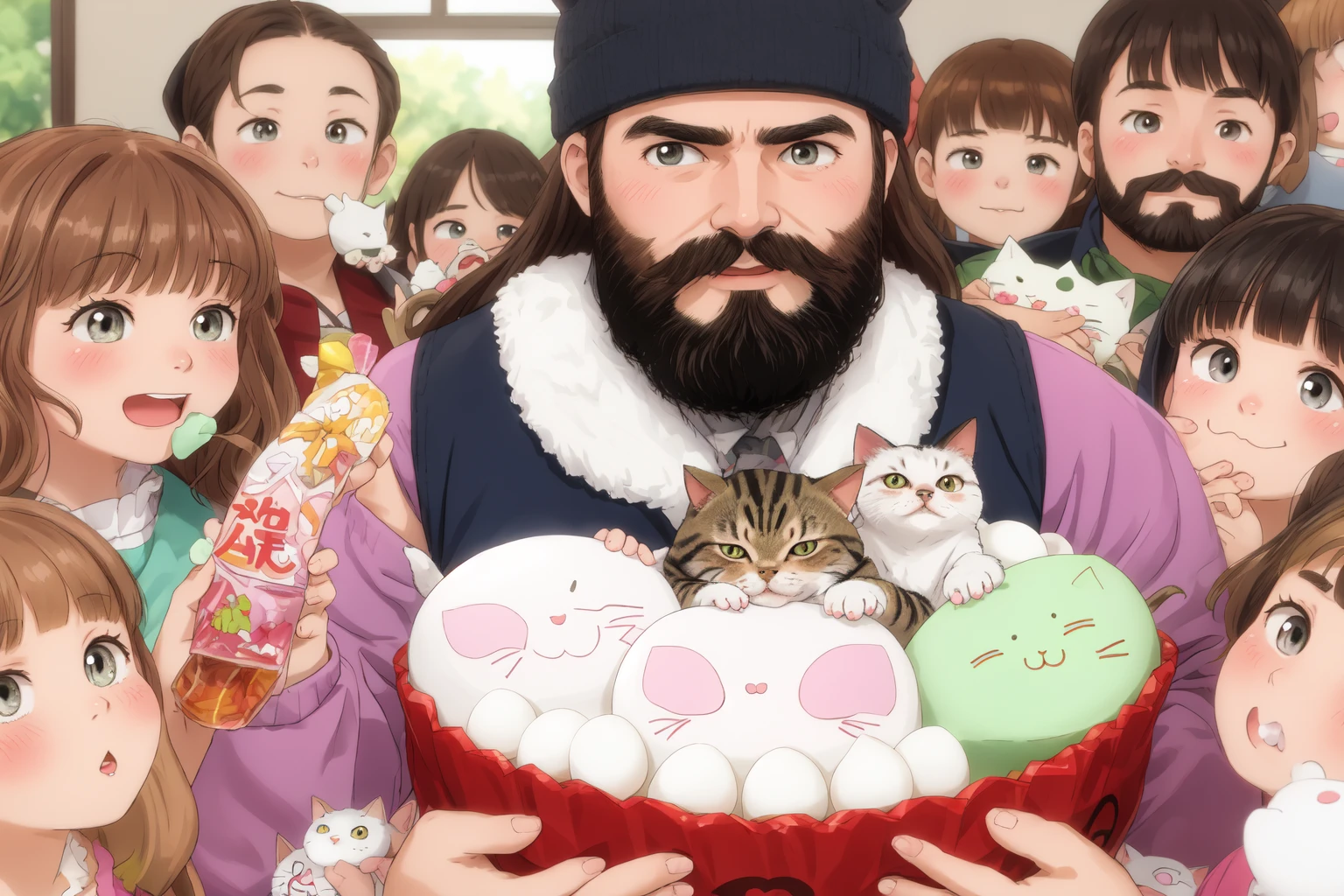 bearded macho man is eating cat-shaped mochi, surrounded by many girls and boys