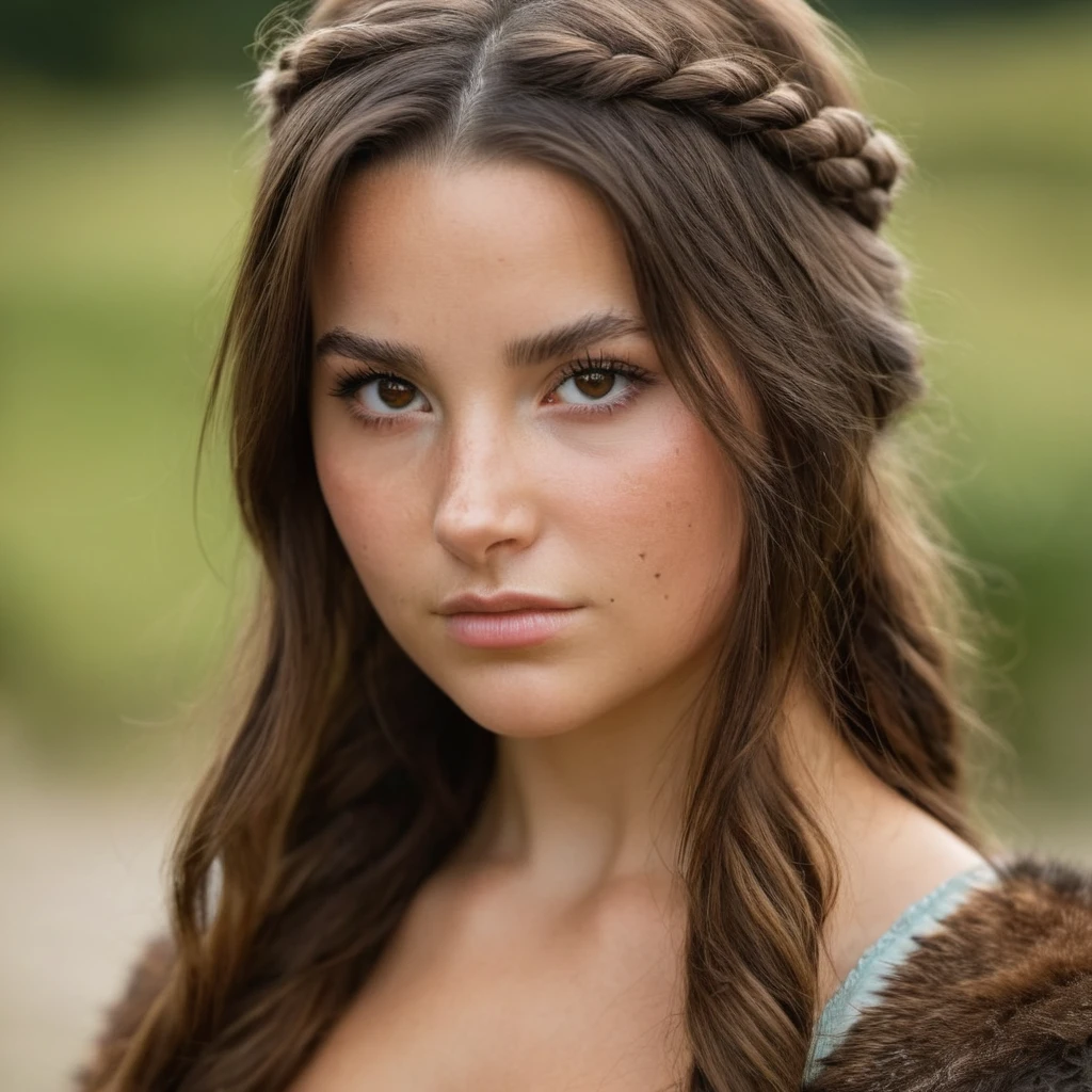 Portrait photograph of a beautiful Viking princess with brown hair, Nikon Z9, looking at the camera, realistic matte skin, (highly detailed), ((skin texture)), (sharp focus), high-res
