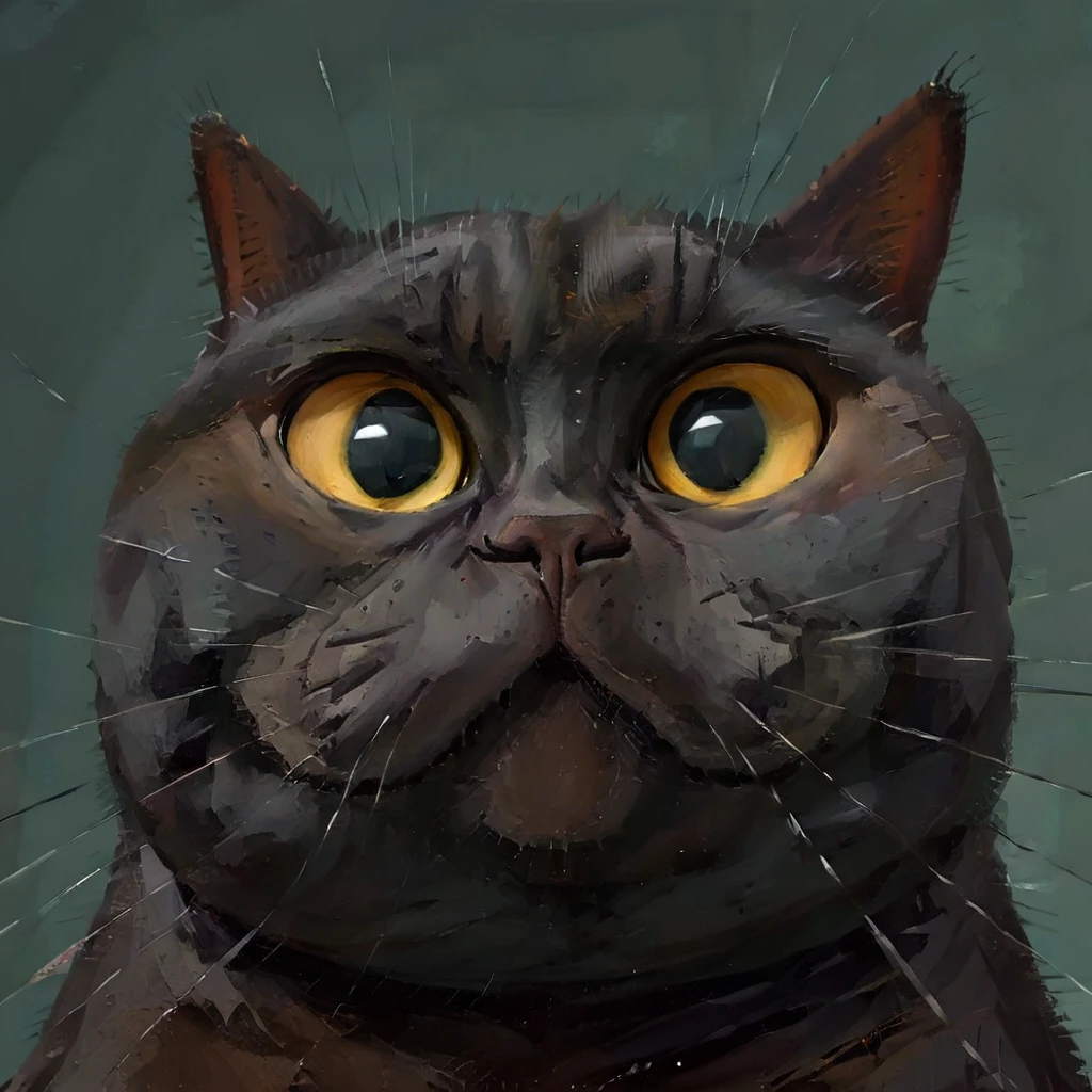 fisheye view of a black fat cat with a very big angry eyes and long whisk, dark background, caricature, albeniz rodriguez style <lora:albeniz-rodriguez-style:0.8>