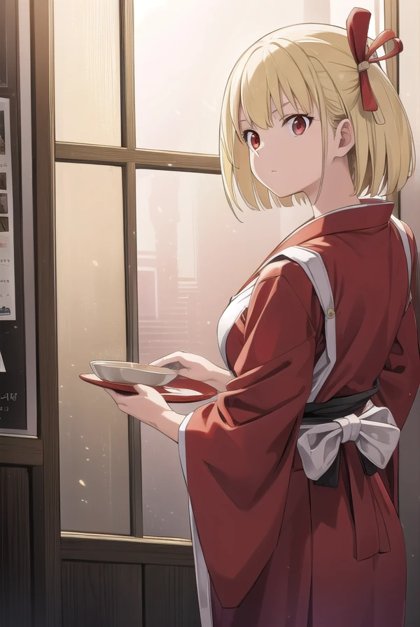 chisatonishikigi, <lora:chisatonishikigichickeiii-lora-nochekaiser:1>,
nishikigi chisato, short hair, bangs, blonde hair, (red eyes:1.5), hair ribbon, one side up, bob cut,
BREAK japanese clothes, kimono, apron, red ribbon, waitress, red kimono,
BREAK indoors, cafe,
BREAK looking at viewer, (cowboy shot:1.5),
BREAK <lyco:GoodHands-beta2:1>, (masterpiece:1.2), best quality, high resolution, unity 8k wallpaper, (illustration:0.8), (beautiful detailed eyes:1.6), extremely detailed face, perfect lighting, extremely detailed CG, (perfect hands, perfect anatomy),