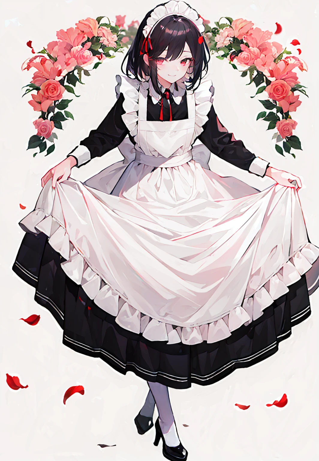 ((masterpiece,best quality)), highres, 1girl, maid, maid headdress, maid apron, white thighhighs, high heels, curtsey, standing, smile, closed mouth, petals, simple background,