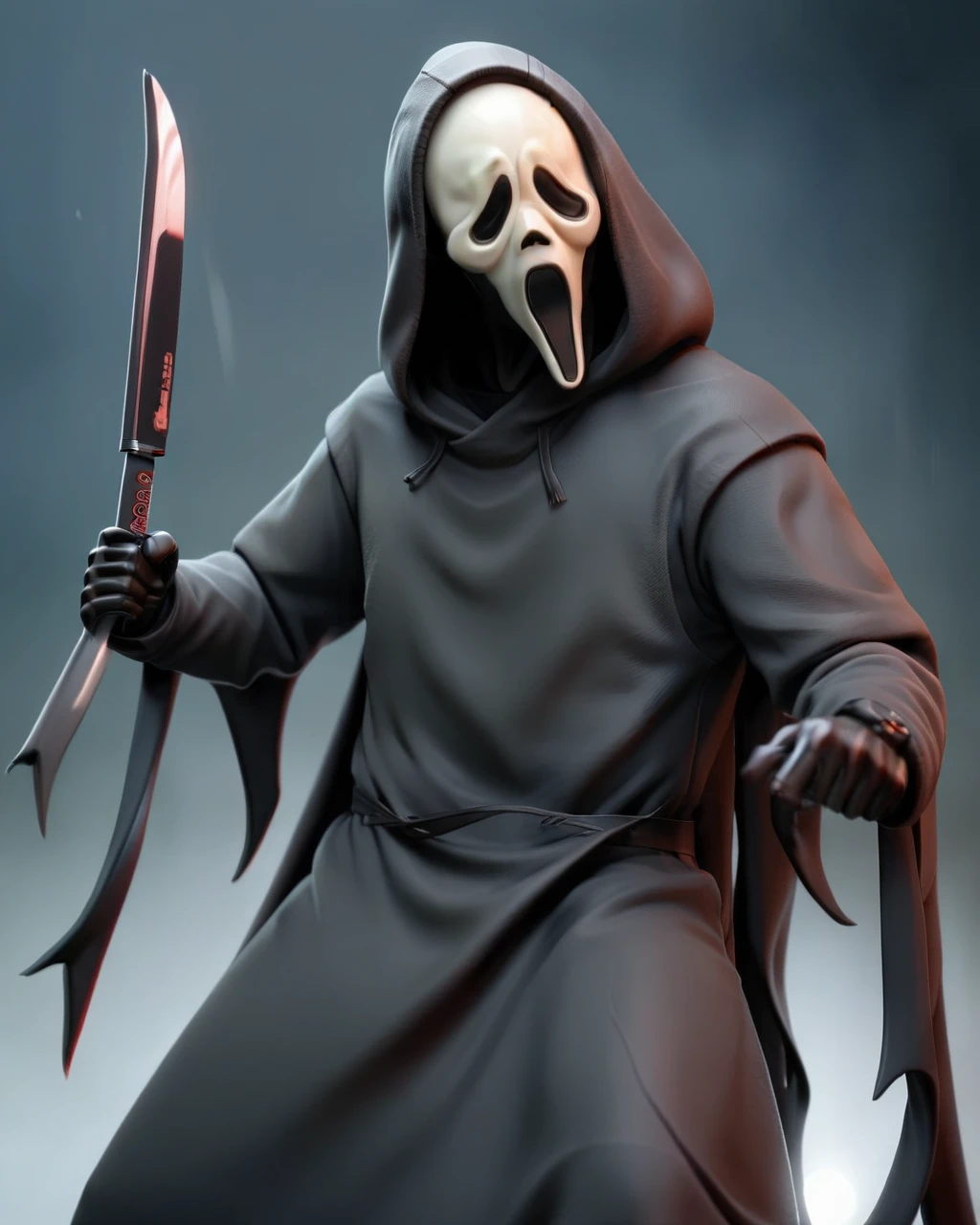 ghostface mask, man, fully clothed, full shot, full body, cloak, attack pose, holding knife.
<lora:GhostfaceMask_v0_1:1>