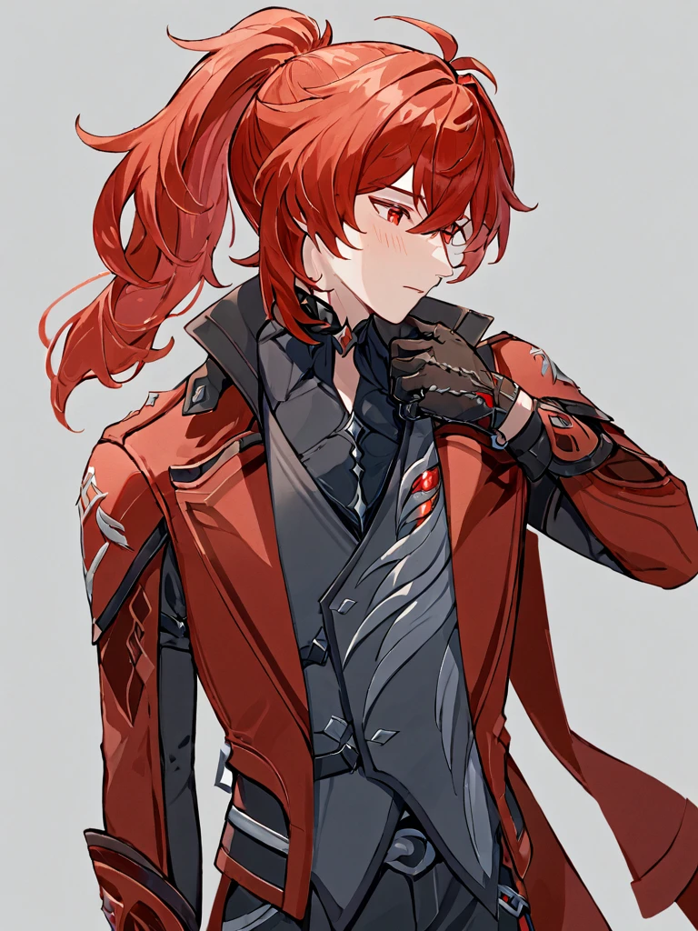 ultra-detailed,(best quality),((masterpiece)),(highres),original,extremely,<lora:diluc2_xl:1>,diluc (genshin impact), 1boy, long hair, male focus, gloves, solo, red eyes, red hair, black gloves, ponytail, black pants, official alternate costume, bangs, pants, red coat, long sleeves, simple background, hair between eyes, coat, vest, blush, shirt, two-tone gloves, sidelocks