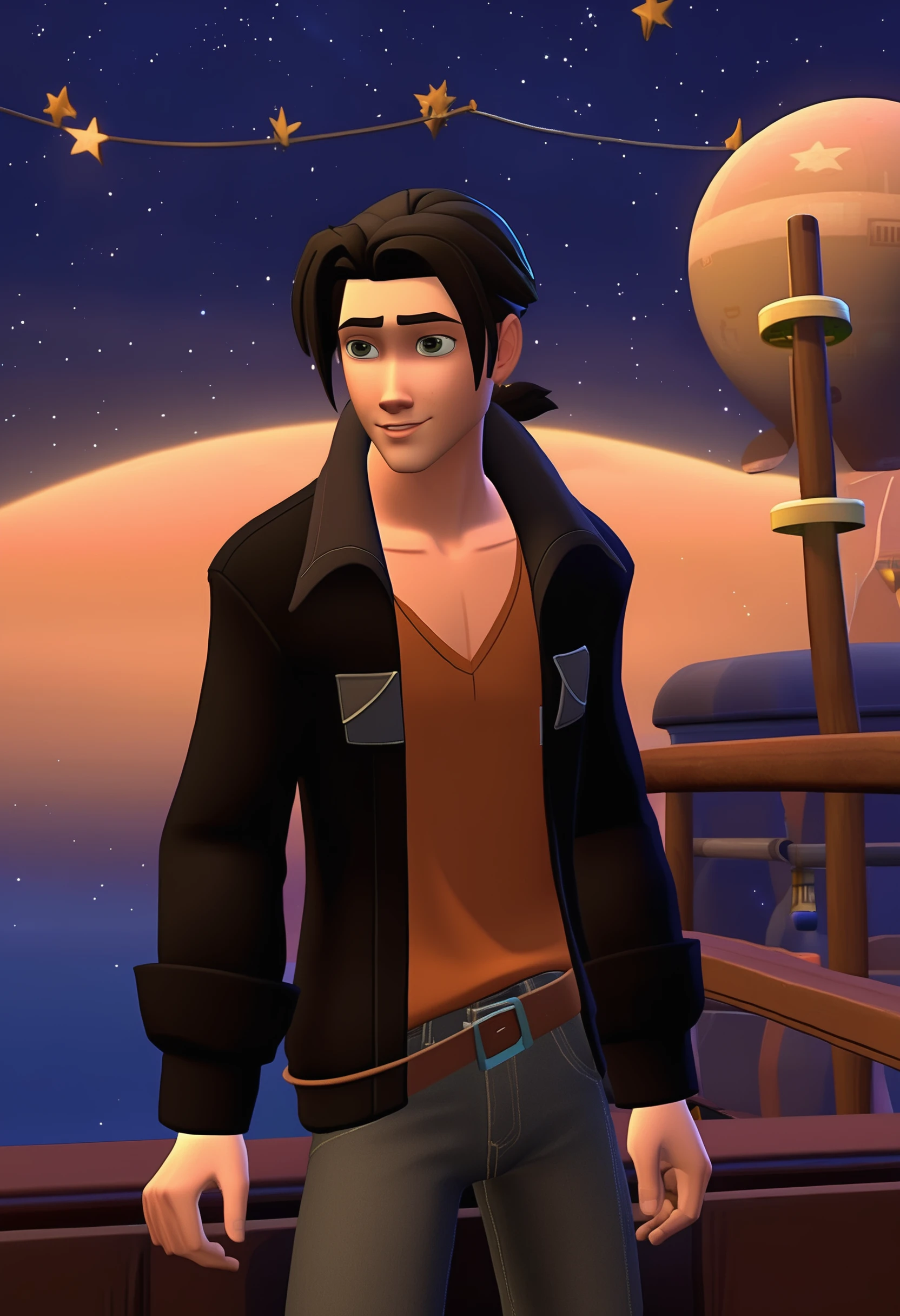3d animation of HawkJim, The Sims 4 style, 15 years old, male, gold earring, short pirate tail, brown jacket, black shirt, looking at viewer, neutral expression, high quality, stars in sky background, ship deck, space <lora:HawkJim_man-000005:0.8>
