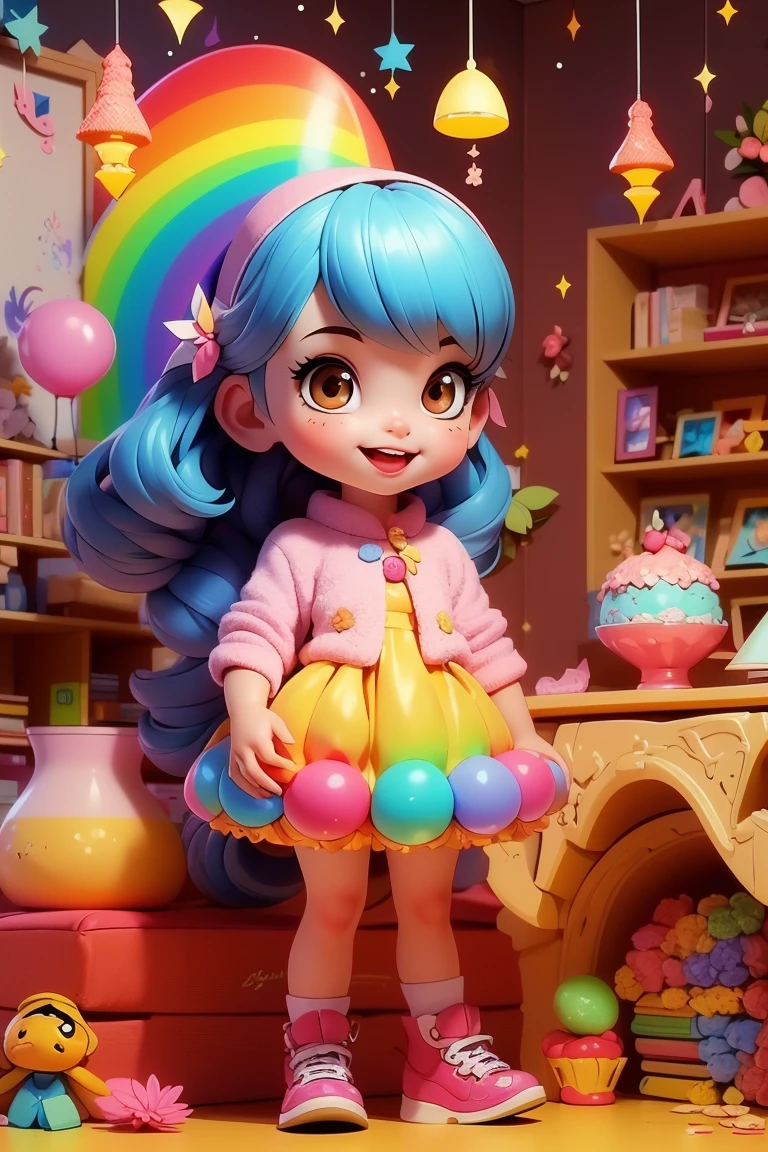 (Child character:1.2), (Colorful personality:1.3), Meet Lily, a cheerful little girl with a vibrant personality and a unique twist – her hair shimmers in all the colors of the rainbow. Her warm brown eyes radiate curiosity and kindness, making her a truly endearing character with a captivating appearance.