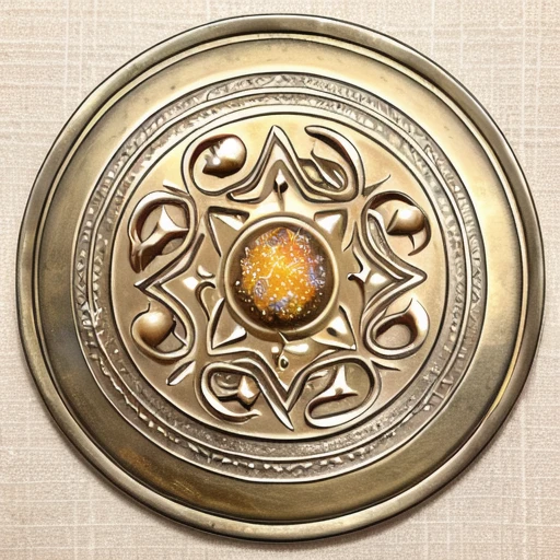 <lora:Bronze mirror_v1:0.7>, relief, star (symbol), no humans, animal, traditional media, border, gem, robe, crystal, orb, food focus, circle, abstract, still life, round image, reflection, shield