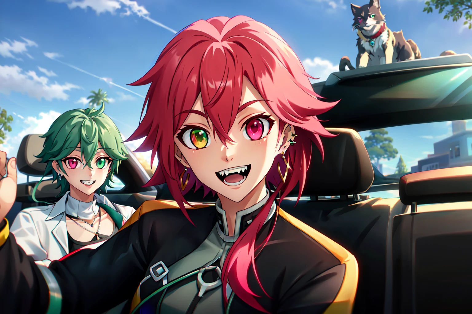 Heartsteel Style, 1girl, looking at viewer, smile, short hair, 1boy, jewelry, green eyes, jacket, pink hair, red hair, earrings, outdoors, green hair, sky, teeth, day, dark skin, pink eyes, grin, blurry, tree, blurry background, heterochromia, piercing, sharp teeth, ground vehicle, ear piercing, motor vehicle, colored sclera, black sclera, car, car interior, <lora:Heartsteel_Style-10:0.8>