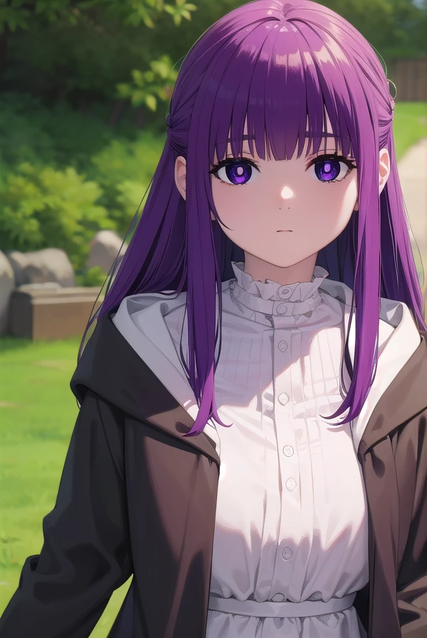 fern, <lora:fernv2-lora-nochekaiser:1>,
fern, long hair, bangs, (purple eyes:1.1), purple hair, sidelocks, blunt bangs, (bright pupils:1.5), half updo,
BREAK shirt, dress, jacket, white shirt, open clothes, hood, white dress, hood down,
BREAK outdoors, sky, nature,
BREAK looking at viewer, (cowboy shot:1.5),
BREAK <lyco:GoodHands-beta2:1>, (masterpiece:1.2), best quality, high resolution, unity 8k wallpaper, (illustration:0.8), (beautiful detailed eyes:1.6), extremely detailed face, perfect lighting, extremely detailed CG, (perfect hands, perfect anatomy),