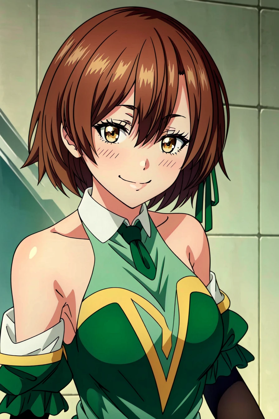 <lora:Lola Metrose:0.7> Lola Metrose, 1girl, solo, breasts, smile, brown hair, blush, cleavage, brown eyes, short hair, hair between eyes, bare shoulders, detached sleeves, green dress, hair ribbon, ribbon, bangs, upper body, closed mouth, meme, green ribbon, smirk, ((Shonen Style)), (detailed background, intricate background:1.1), beautiful ((Extremely Detailed)), ((Best Quality)), ((Masterpiece)), ((4k)), <lyco:lolamix:0.5>