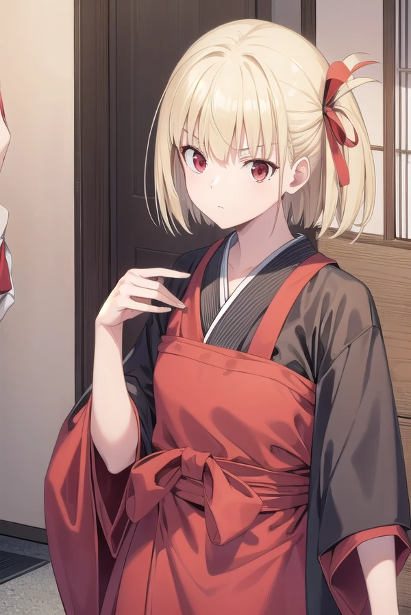chisatonishikigi, <lora:chisatonishikigichickeiii-lora-nochekaiser:1>,
nishikigi chisato, short hair, bangs, blonde hair, (red eyes:1.5), hair ribbon, one side up, bob cut,
BREAK japanese clothes, kimono, apron, red ribbon, waitress, red kimono,
BREAK indoors, cafe,
BREAK looking at viewer, (cowboy shot:1.5),
BREAK <lyco:GoodHands-beta2:1>, (masterpiece:1.2), best quality, high resolution, unity 8k wallpaper, (illustration:0.8), (beautiful detailed eyes:1.6), extremely detailed face, perfect lighting, extremely detailed CG, (perfect hands, perfect anatomy),