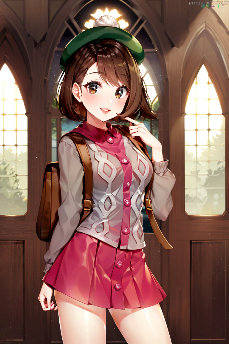 <lora:Puppypaww_Style:0.8>, ((masterpiece,best quality)), absurdres,  <lora:gloria_(pokemon)_v1:0.7>,  gloria \(pokemon\), brown hair, solo, backpack, brown eyes, tam o' shanter, grey cardigan, pink dress, short hair, green socks, socks, brown bag, bob cut, bangs, long sleeves, collared dress,  solo, smiling, looking at viewer, cowboy shot,  cinematic composition, contrapposto,