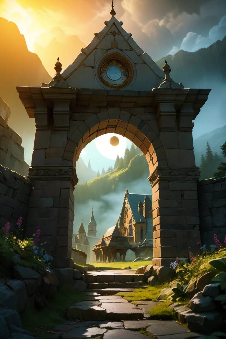 A forbidden castle high up in the mountains,castle with towering turrets,hidden behind thick mist,ancient stone walls,serene mountainous landscape,dense forest surrounding the castle,crumbling statues of mythical creatures,overgrown ivy crawling up the castle walls,mysterious aura of secrecy and magic,majestic medieval architecture,grand entrance guarded by a pair of stone gargoyles,mysterious lights emanating from the castle windows,dark and ominous atmosphere,majestic moon shining through the clouds,foreboding path leading to the castle,misty and foggy surroundings,(best quality,4k,8k,highres,masterpiece:1.2),ultra-detailed,realistic:1.37),eerie blue color palette,subtle moonlight casting shadows on the castle,soft and dramatic lighting,ethereal and haunting ambiance,ominous storm approaching in the distance,whispering winds carrying tales of ancient secrets,distant wolf howling echoing through the mountains,captivating and enigmatic,hidden treasures waiting to be discovered.