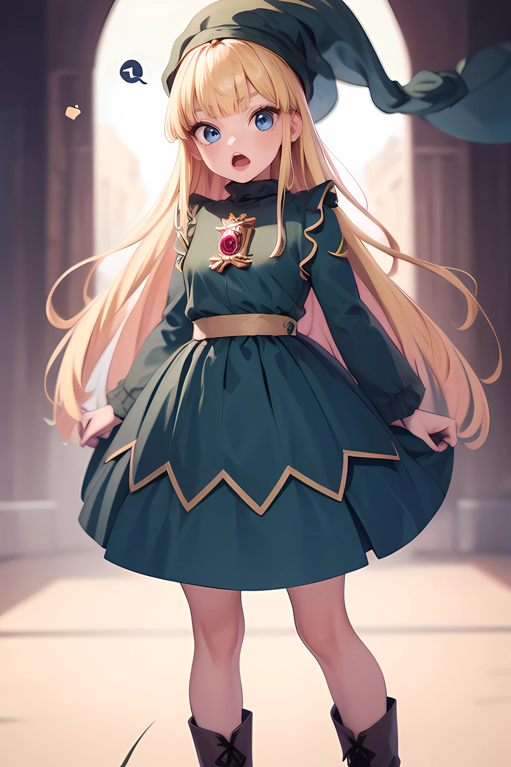 masterpiece, higher,highly detailed, absurdres,ultra high res,witchP4, 1girl,  solo, blonde hair, long hair, blunt bangs,princess cut, hime cut, blue eyes, boots, green dress, long sleeves,hat,red gem,open mouth,spoken ellipsis,ruins,  <lora:witchP4_v10f512:1>