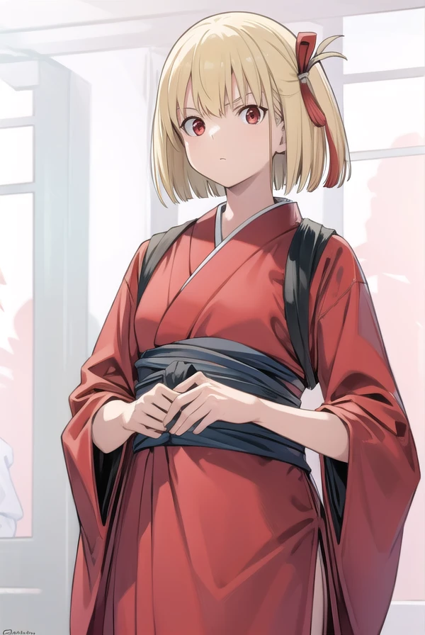 chisatonishikigi, <lora:chisatonishikigichickeiii-lora-nochekaiser:1>,
nishikigi chisato, short hair, bangs, blonde hair, (red eyes:1.5), hair ribbon, one side up, bob cut,
BREAK japanese clothes, kimono, apron, red ribbon, waitress, red kimono,
BREAK indoors, cafe,
BREAK looking at viewer, (cowboy shot:1.5),
BREAK <lyco:GoodHands-beta2:1>, (masterpiece:1.2), best quality, high resolution, unity 8k wallpaper, (illustration:0.8), (beautiful detailed eyes:1.6), extremely detailed face, perfect lighting, extremely detailed CG, (perfect hands, perfect anatomy),