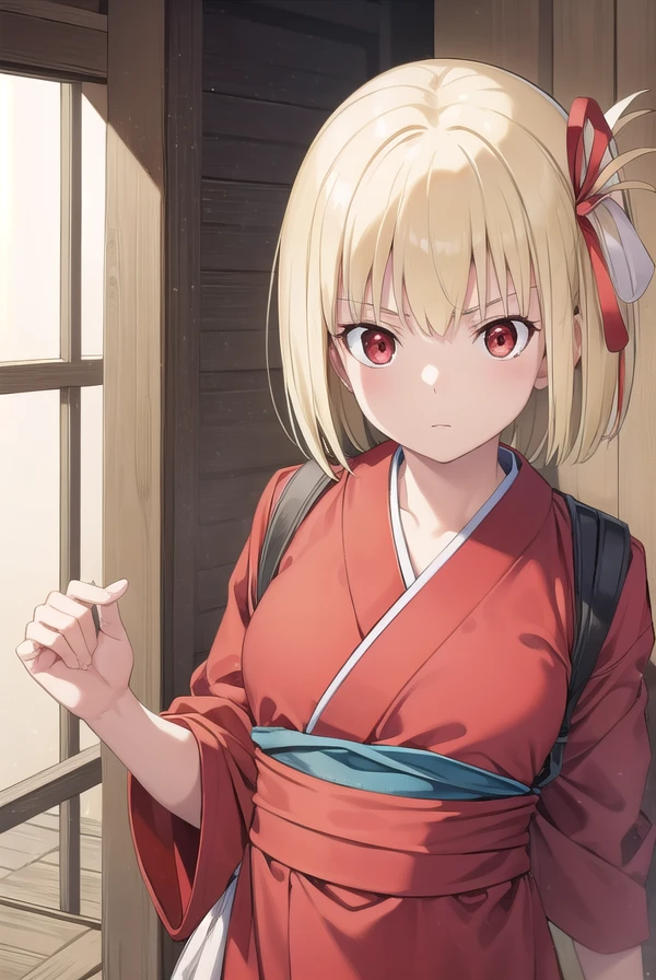 chisatonishikigi, <lora:chisatonishikigichickeiii-lora-nochekaiser:1>,
nishikigi chisato, short hair, bangs, blonde hair, (red eyes:1.5), hair ribbon, one side up, bob cut,
BREAK japanese clothes, kimono, apron, red ribbon, waitress, red kimono,
BREAK indoors, cafe,
BREAK looking at viewer, (cowboy shot:1.5),
BREAK <lyco:GoodHands-beta2:1>, (masterpiece:1.2), best quality, high resolution, unity 8k wallpaper, (illustration:0.8), (beautiful detailed eyes:1.6), extremely detailed face, perfect lighting, extremely detailed CG, (perfect hands, perfect anatomy),