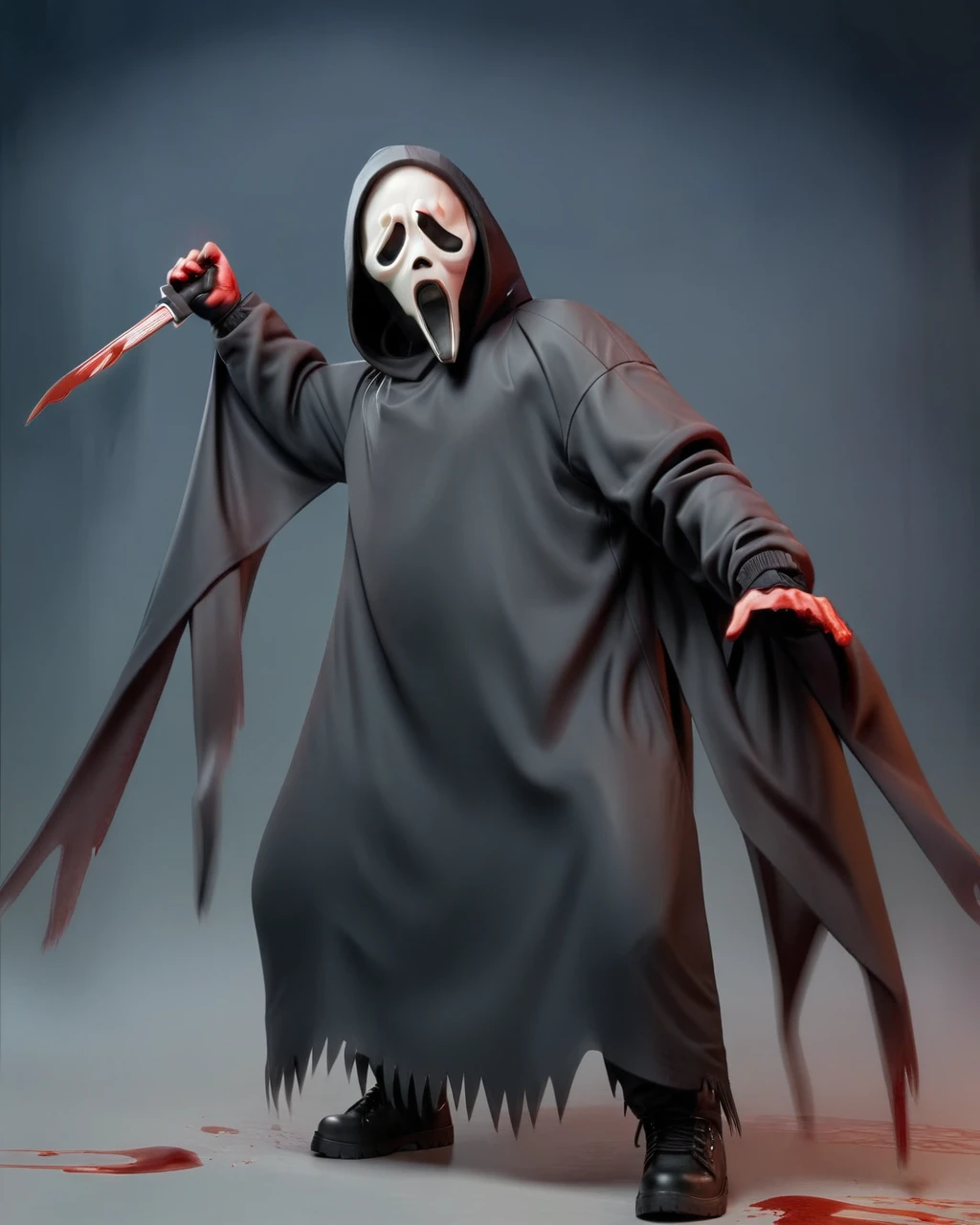 ghostface mask, man, fully clothed, full shot, full body, cloak, attack pose, holding knife, bloody knife.
<lora:GhostfaceMask_v0_1:1>