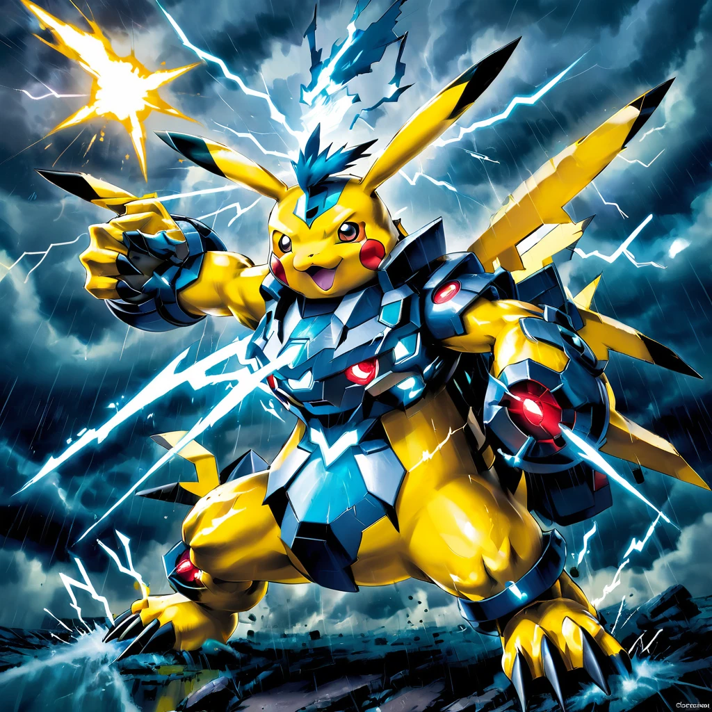 mecha pikachu unleashing at thunderstorm,glowing,asmaria, <lora:AsMaria_Style_XL_Digimon_Illustrator:0.75>