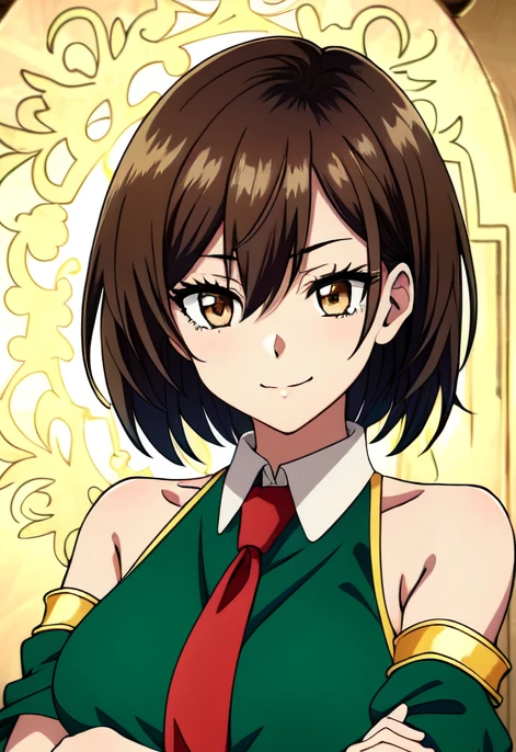 <lora:Lola Metrose:1> Lola Metrose, 1girl, solo, brown hair, brown eyes, apron, crossed arms, necktie, looking at viewer, short hair, indoors, detached sleeves, standing, breasts, hair between eyes, frills, red necktie, green dress, waist apron, closed mouth, bare shoulders, dress hair between eyes, smirk, ((Shonen Style)), (detailed background, intricate background:1.1), beautiful ((Extremely Detailed)), ((Best Quality)), ((Masterpiece)), ((4k))