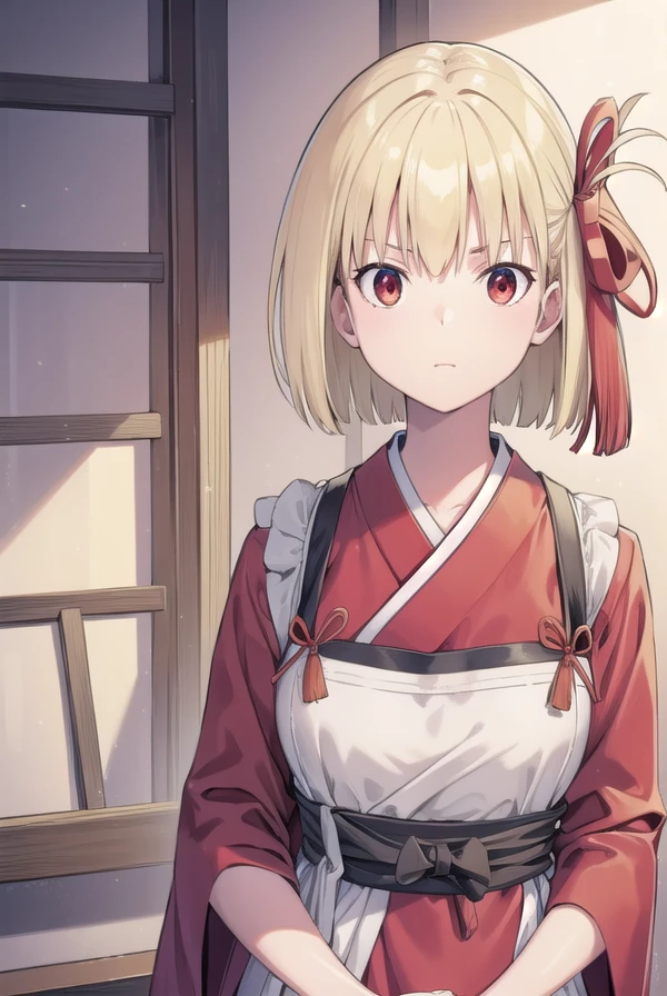 chisatonishikigi, <lora:chisatonishikigichickeiii-lora-nochekaiser:1>,
nishikigi chisato, short hair, bangs, blonde hair, (red eyes:1.5), hair ribbon, one side up, bob cut,
BREAK japanese clothes, kimono, apron, red ribbon, waitress, red kimono,
BREAK indoors, cafe,
BREAK looking at viewer, (cowboy shot:1.5),
BREAK <lyco:GoodHands-beta2:1>, (masterpiece:1.2), best quality, high resolution, unity 8k wallpaper, (illustration:0.8), (beautiful detailed eyes:1.6), extremely detailed face, perfect lighting, extremely detailed CG, (perfect hands, perfect anatomy),
