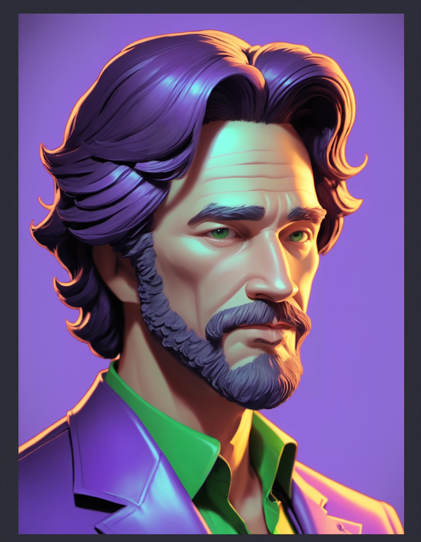 lukelyn kao portrait illustration 3d man, in the style of purple and green, charles vess, confessional, sketchy, glitchy, bob ross, chalk, Alex Ross, marvel comics, marvel movies