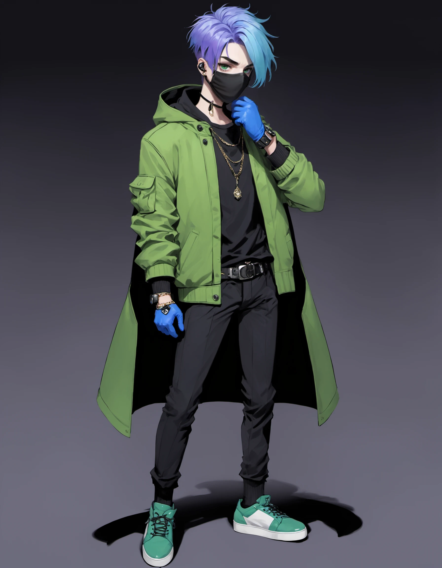 solo, looking at viewer, short hair, simple background, gloves, 1boy, jewelry, blue hair, standing, jacket, full body, male focus, green hair, shoes, black gloves, belt, pants, hood, fingerless gloves, necklace, hair over one eye, mask, headphones, black pants, black background, sneakers, mouth mask, covered mouth, purple gloves