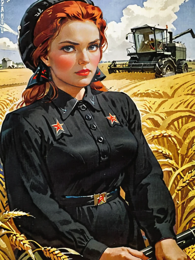 <lora:Soviet-poster:1.0> soviet poster, Black widow collective farmer at wheat harvesting