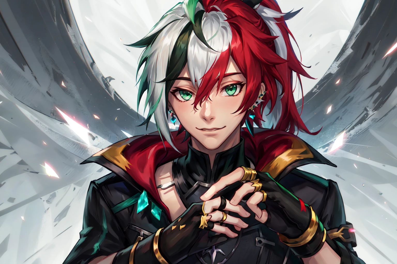 Heartsteel Style, 1boy, male focus, green eyes, solo, ponytail, white hair, red hair, streaked hair, multicolored hair, two-tone hair, closed mouth, long hair, looking at viewer, gloves, jewelry, upper body, earrings, black gloves, fingerless gloves, <lora:Heartsteel_Style-10:0.8>