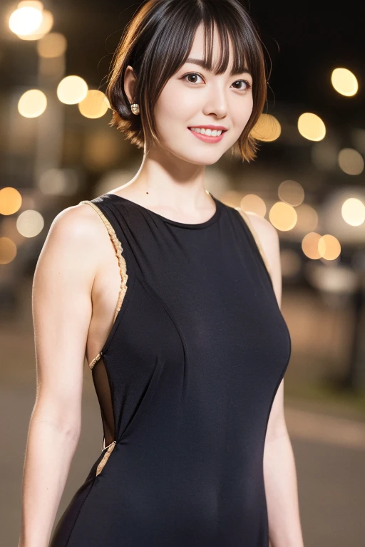 1girl,(wearing a long modest one piece dress:1.3),(RAW photo, best quality), (realistic, photo-realistic:1.4), masterpiece, an extremely delicate and beautiful, extremely detailed, 2k wallpaper, Amazing, finely detail, extremely detailed CG unity 8k wallpaper, ultra-detailed, highres, soft light, beautiful detailed girl, extremely detailed eyes and face, beautiful detailed nose, beautiful detailed eyes,cinematic lighting,city lights at night,autumn scenery,maple trees in autumn,at a park,perfect anatomy,slender,bokeh,body,smiling <lora:hanazawakanaV3_lora:0.8>,(very short and wavy and messy hairstyle),(dynamic angles)