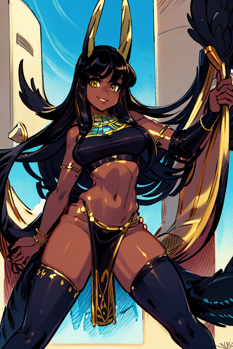 <lora:Alex_Ahad_Style:1>, ((masterpiece,best quality)), absurdres, <lora:Anubis_Citron_OC_Anime:1>, Anubis_Citron_OC, (dark skin), black hair, yellow eyes, pelvic curtain, crop top, thighhighs,  ,  solo, smiling, looking at viewer, cowboy shot,  cinematic composition, , contrapposto,