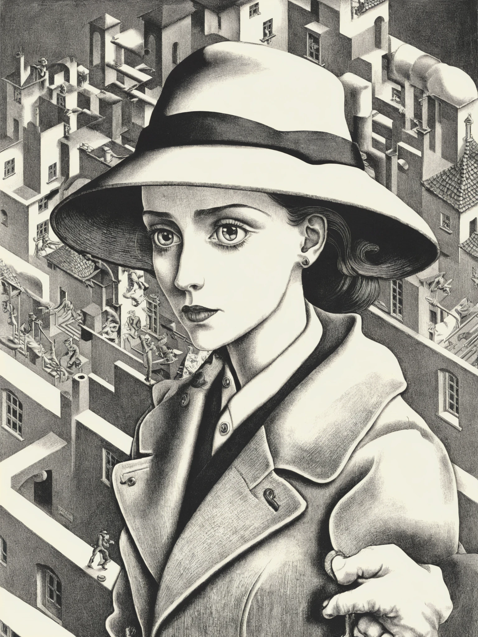 a woman with a hat and a jacket , art by escher, <lora:Escher_Blend:1>