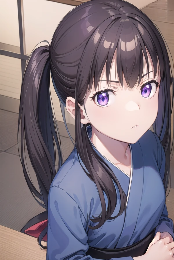 takinainoue, <lora:takinainouechickeiii-lora-nochekaiser:1>,
inoue takina, long hair, bangs, twintails, black hair, (purple eyes:1.2),
BREAK japanese clothes, kimono, apron, waist apron, blue kimono, waitress,
BREAK indoors, cafe,
BREAK looking at viewer, (cowboy shot:1.5),
BREAK <lyco:GoodHands-beta2:1>, (masterpiece:1.2), best quality, high resolution, unity 8k wallpaper, (illustration:0.8), (beautiful detailed eyes:1.6), extremely detailed face, perfect lighting, extremely detailed CG, (perfect hands, perfect anatomy),