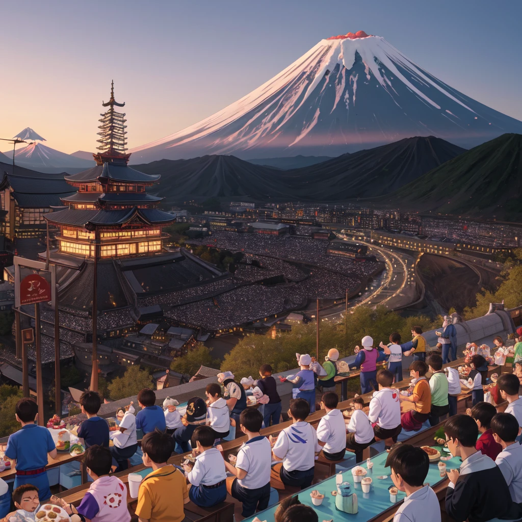 best quality, masterpiece, absurd res, group, 9+boys, 9+girls,
muscular osomatsu-san eats (a cat-shaped mochi:1.2), eating food, beard, dragon ball, dragon quest, (mount fuji:1.2), chinatown, akira toriyama