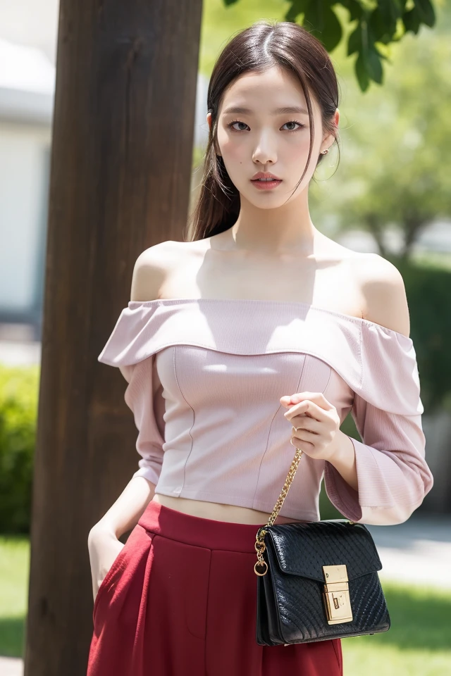 1girl,sexy pose,best quality,masterpiece,illustration,an extremely delicate and beautiful,CG,unity,8k wallpaper,Amazing,finely detail,masterpiece,official art,extremely detailed CG unity 8k wallpaper,incredibly absurdres,huge filesize,ultra-detailed,highres,extremely detailed,beautiful detailed girl,realistic,full frontal,outdoors,<lora:Kim go eun_20231031145103:0.8>,(Off-the-shoulder_blouse:1.4),(Wide-leg_cropped_pants:1.3),(Woven_handbag:1.2),