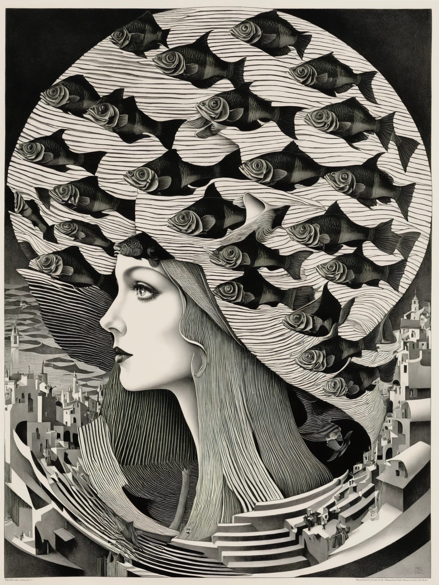 portrait of a woman with a hat on her head, An optical paradox:1.2 unfolds as fish:1.1 swim in an eternal waterfall:1.2, their scales reflecting the intricacies of tessellation:1.1, a nod to the artist's obsession:1.2. , art by escher, <lora:Escher_Blend:1>