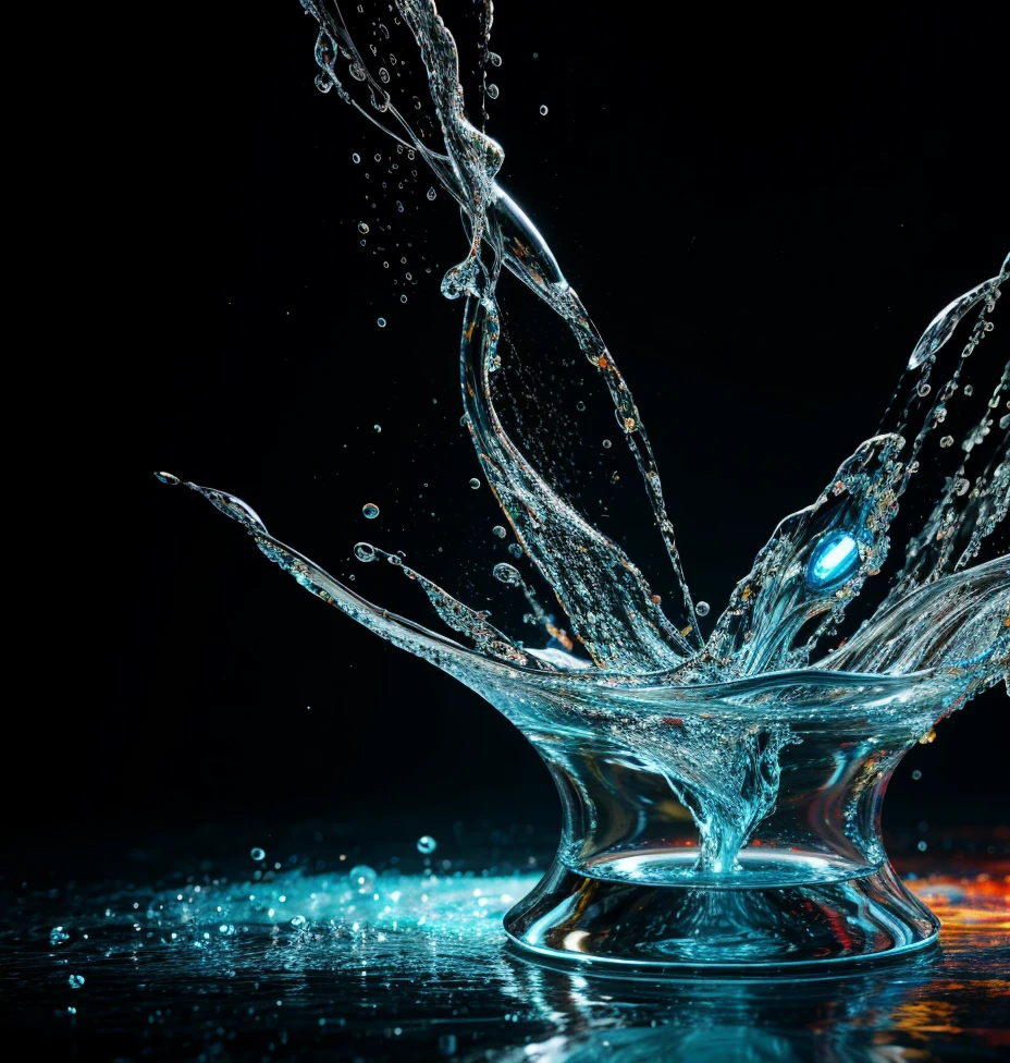 a liquid made of liquid splashes, merging, melting, splashing, droplets, mixing, fading away, exploding, swirling, intricate detail, model shoot style, dreamlike art, dramatic lighting. 8k, highly detailed, trending artstation