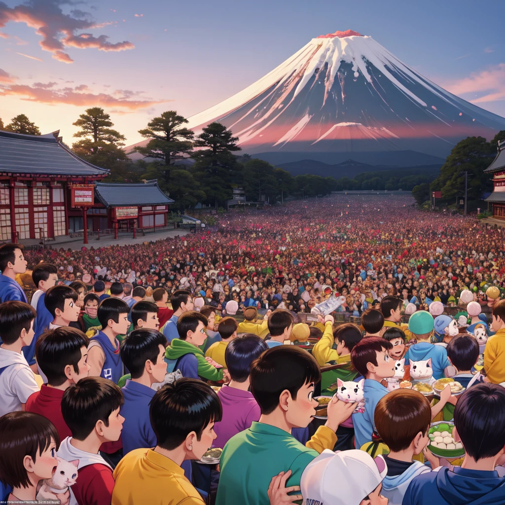 best quality, masterpiece, absurd res, group, 9+boys, 9+girls,
muscular osomatsu-san eats (a cat-shaped mochi:1.2), eating food, beard, dragon ball, dragon quest, (mount fuji:1.2), chinatown, akira toriyama
