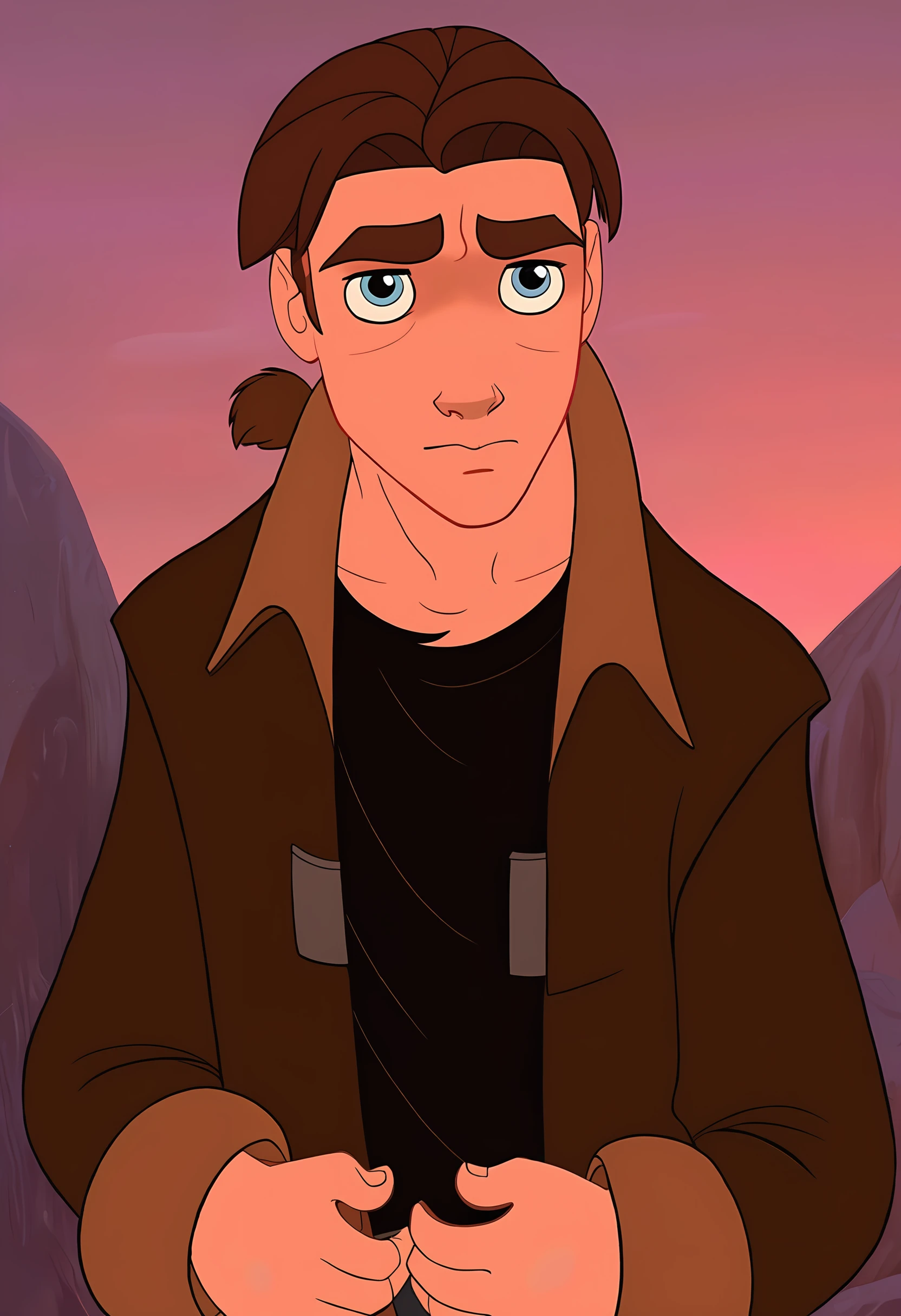 A cartoon image of HawkJim, brown jacket, black shirt, neutral expression, looking at viewer, natural colors <lora:HawkJim_man-000005:0.8>