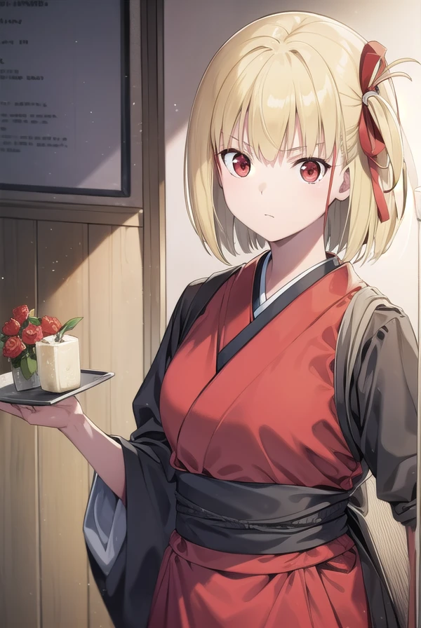 chisatonishikigi, <lora:chisatonishikigichickeiii-lora-nochekaiser:1>,
nishikigi chisato, short hair, bangs, blonde hair, (red eyes:1.5), hair ribbon, one side up, bob cut,
BREAK japanese clothes, kimono, apron, red ribbon, waitress, red kimono,
BREAK indoors, cafe,
BREAK looking at viewer, (cowboy shot:1.5),
BREAK <lyco:GoodHands-beta2:1>, (masterpiece:1.2), best quality, high resolution, unity 8k wallpaper, (illustration:0.8), (beautiful detailed eyes:1.6), extremely detailed face, perfect lighting, extremely detailed CG, (perfect hands, perfect anatomy),