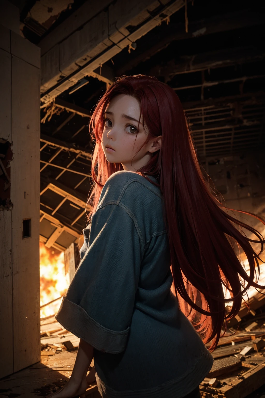 masterpiece, best quality,8K,realistic,
,
1girl,walking,ruins, wreckage,sad,long hair,red hair,pov,looking at viewer, (wide shot:1.6),cowboy shot, side,from side,pov hands,