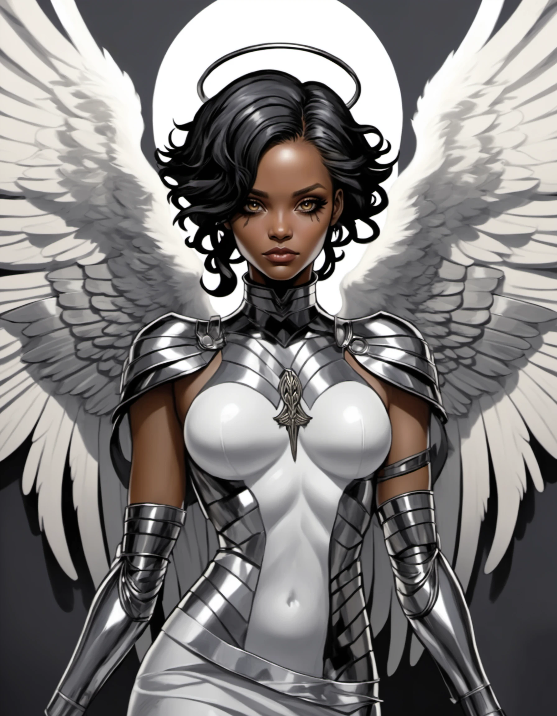 angelic woman angelwings hd wallpaper, in the style of becky cloonan, dark silver and dark gray, frank xavier leyendecker, animal intensity, jay anacleto, catcore, afrofuturism, tokyocore, visual KEI