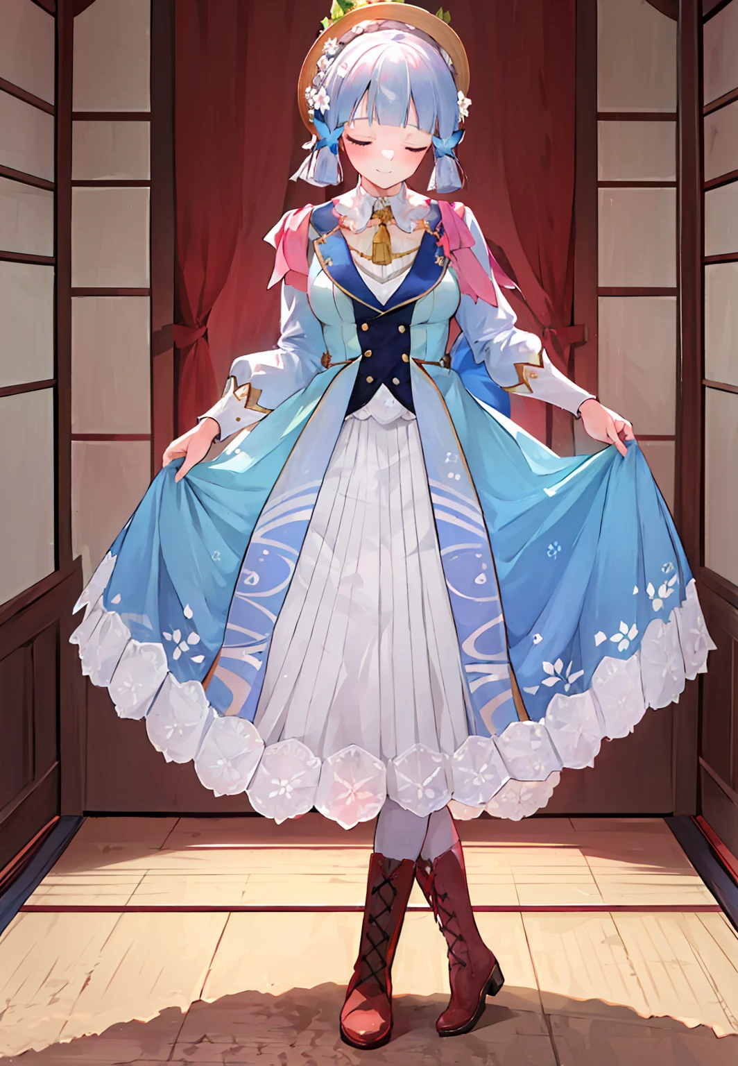 ((masterpiece,best quality)), highres, 1girl, kamisatoayakaspring, boots, full body, curtsey, standing, closed eyes, smile, closed mouth,