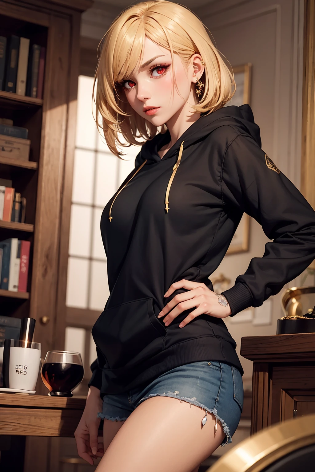Red eyes,evil,golden,shiny,gold hair,High detailed,midjourney,perfecteyes,big eyes,hoodie,diamond,gems,brown_skin,perfect,ink,