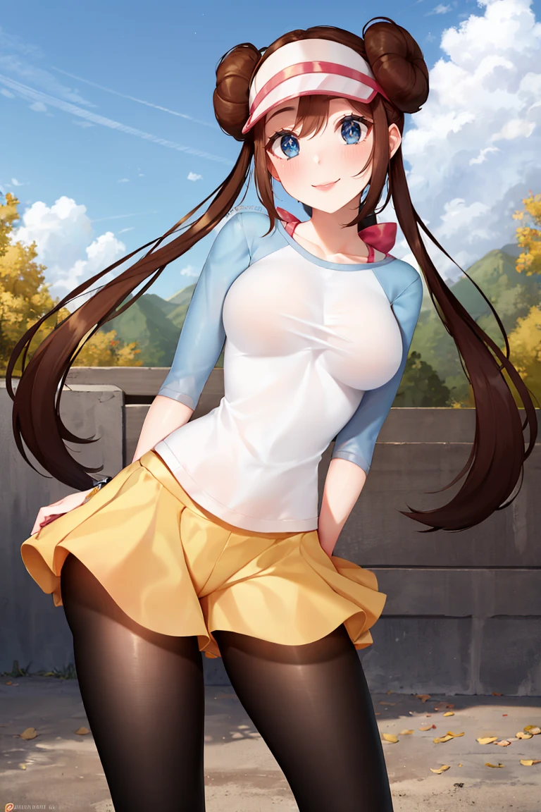 <lora:Puppypaww_Style:0.8>, ((masterpiece,best quality)), absurdres, long hair, <lora:rosa_(pokemon)_v10:0.7>, ro1, hair bun, blue eyes, twintails, visor cap, pantyhose, raglan sleeves, yellow shorts, shirt, pink bow, wristwatch, solo, smiling, looking at viewer, cowboy shot, cinematic composition, contrapposto,
