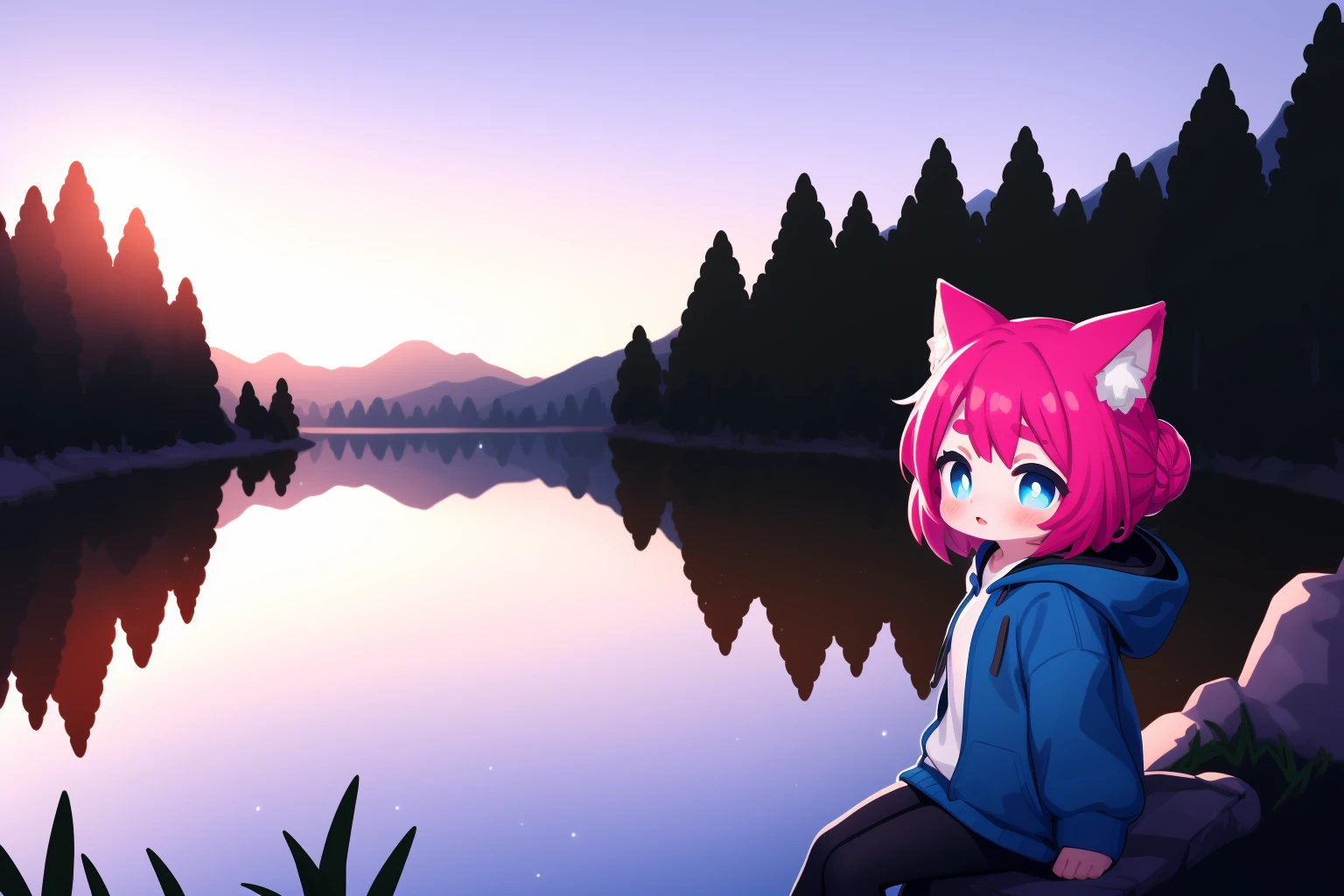 1girl, solo, animal ears, outdoors, parted lips, blue eyes, hood down, red hair, bangs, hooded jacket, animal ear fluff, tree, short eyebrows, jacket, hood, long sleeves, blue jacket, thick eyebrows, sunset, sunrise, sky, water, mountain, blush, sitting, single hair bun, looking away, :), lake, puffy sleeves, scenery, hair bun, High detailed, <lora:EMS-1495-EMS:0.500000>