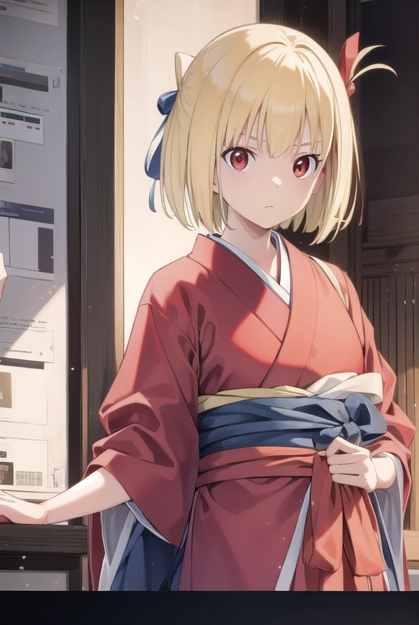 chisatonishikigi, <lora:chisatonishikigichickeiii-lora-nochekaiser:1>,
nishikigi chisato, short hair, bangs, blonde hair, (red eyes:1.5), hair ribbon, one side up, bob cut,
BREAK japanese clothes, kimono, apron, red ribbon, waitress, red kimono,
BREAK indoors, cafe,
BREAK looking at viewer, (cowboy shot:1.5),
BREAK <lyco:GoodHands-beta2:1>, (masterpiece:1.2), best quality, high resolution, unity 8k wallpaper, (illustration:0.8), (beautiful detailed eyes:1.6), extremely detailed face, perfect lighting, extremely detailed CG, (perfect hands, perfect anatomy),